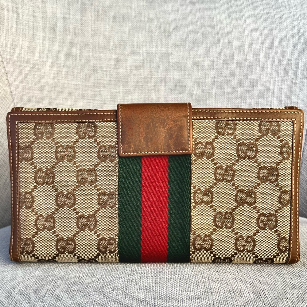 Gucci Beige and Brown Wallet with Red and Green Stripe